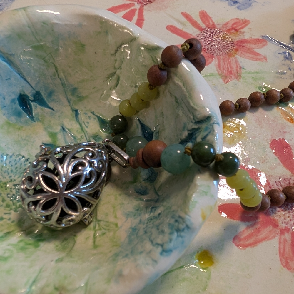 Handmade Sandlewood, Jade, Beaded Diffuser Necklace